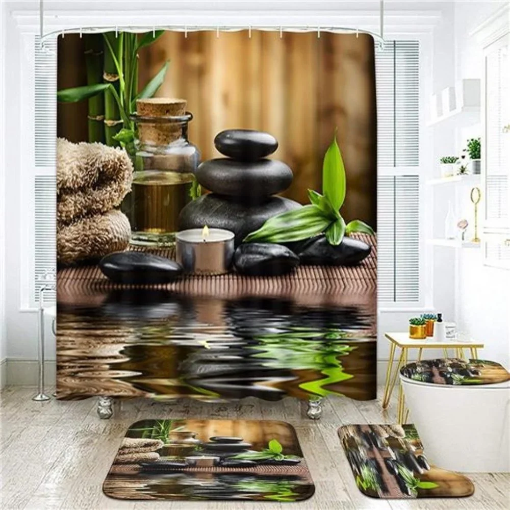 4 Pcs Shower Curtain Set Stones spa Oil Wood Massage Relax Candle ayurvedic